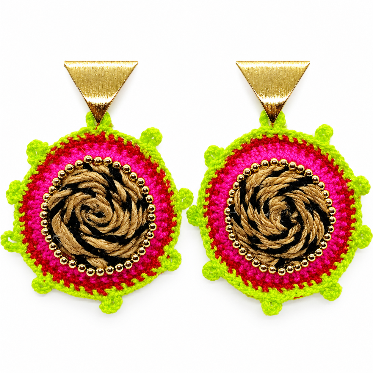 Aretes Carnaval Fucsia y Verde Neón – Aretes Artesanales Tejidos